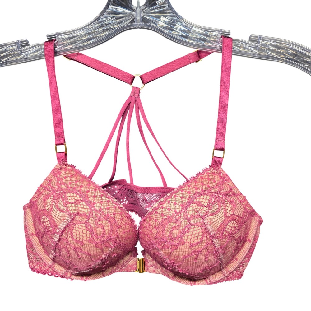 Victoria's Secret Bombshell Plunge Bra 32A Pink Lace Strappy Cage Back FrontSnap